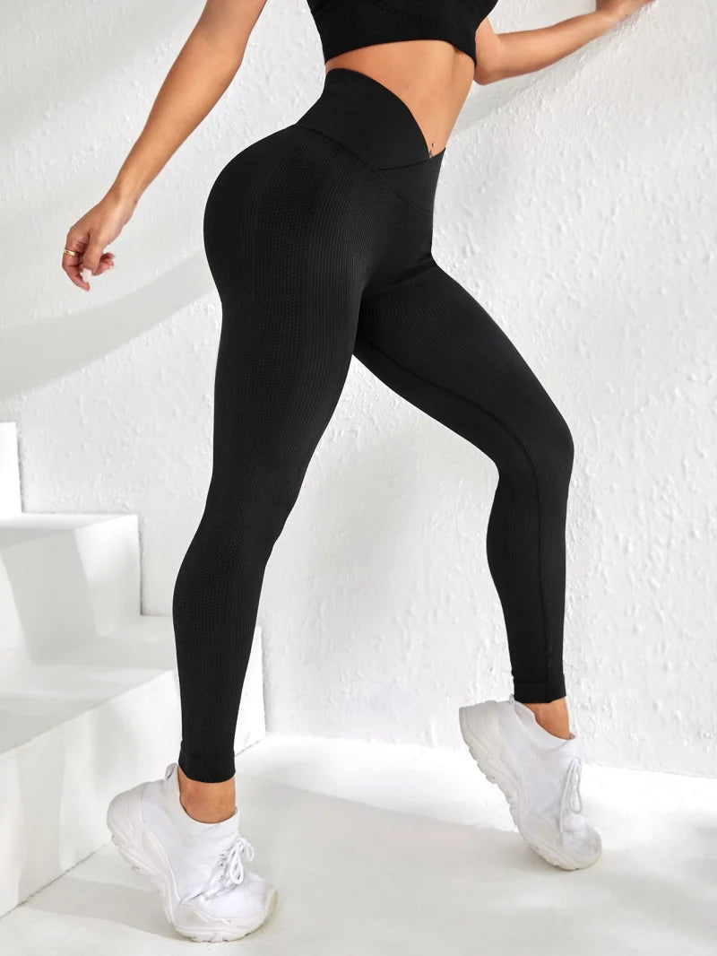 Calça legging esportiva feminina cintura V elástica pêssego fitness com quadris elevados