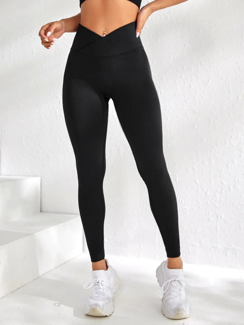 Calça legging esportiva feminina cintura V elástica pêssego fitness com quadris elevados